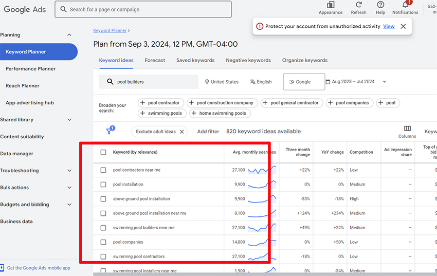 pool builder keywords